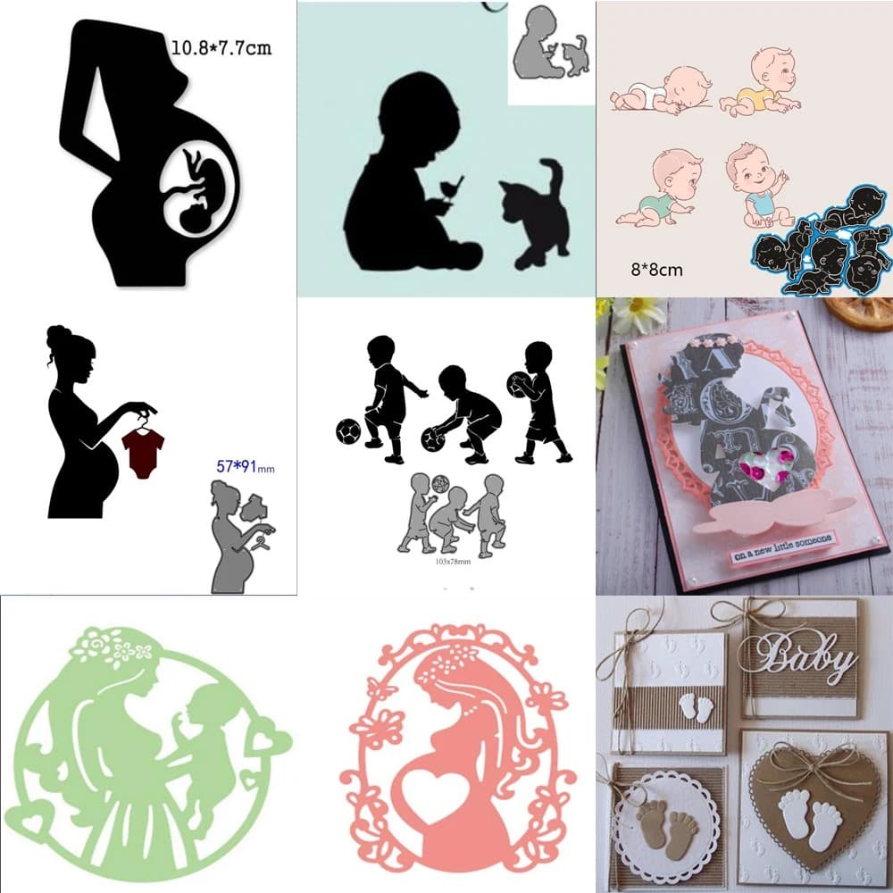 Montage de plusieurs matrices sur le thème de la naissance : silhouettes de femme enceinte, bébé avec un chat, groupe de bébés, et cartes finies décorées d'empreintes de pieds.