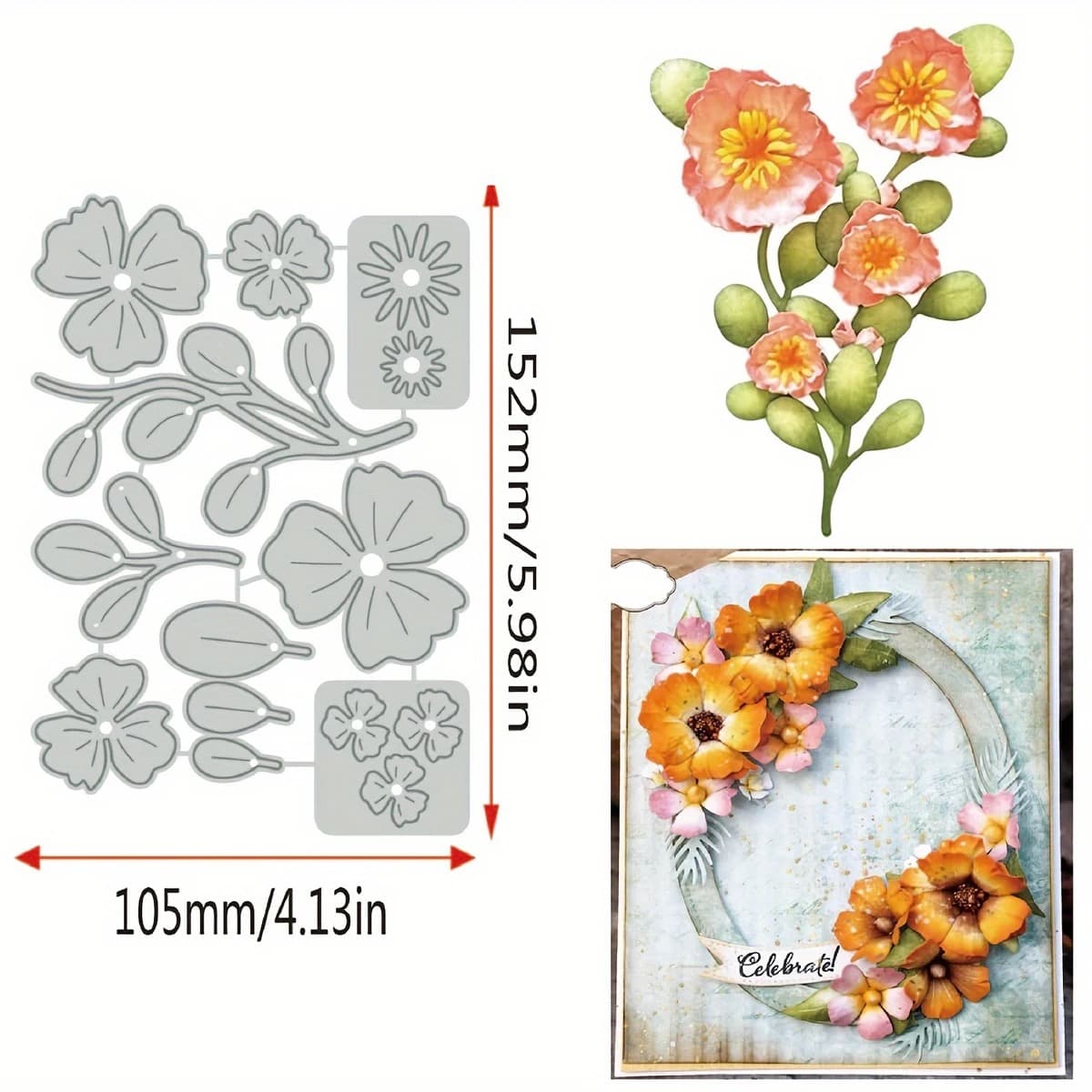 La planche de matrices grises cotée 105 x 152 mm sur fond blanc, avec deux exemples de fleurs et une carte fleurie découpés à côté.
