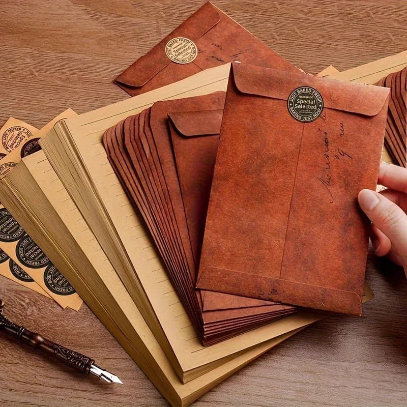 Enveloppes kraft brun patiné en éventail avec des feuilles de papier ligné, des pastilles autocollantes rondes et un porte-plume sur une table en bois.
