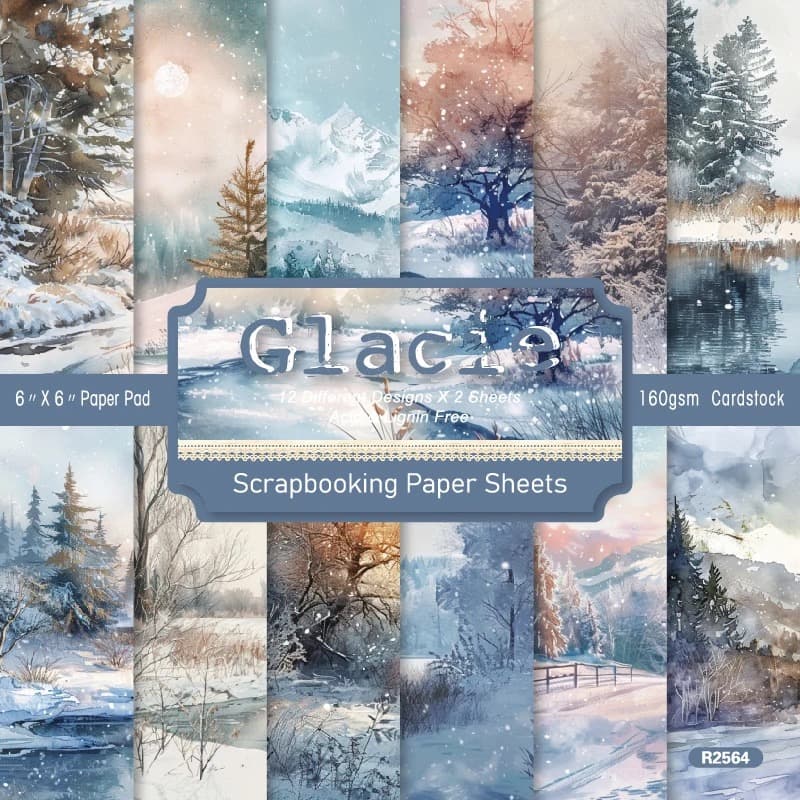 Bloc de papiers imprimés à motifs de paysages enneigés aquarellés, présenté sous forme de planche des différents motifs.