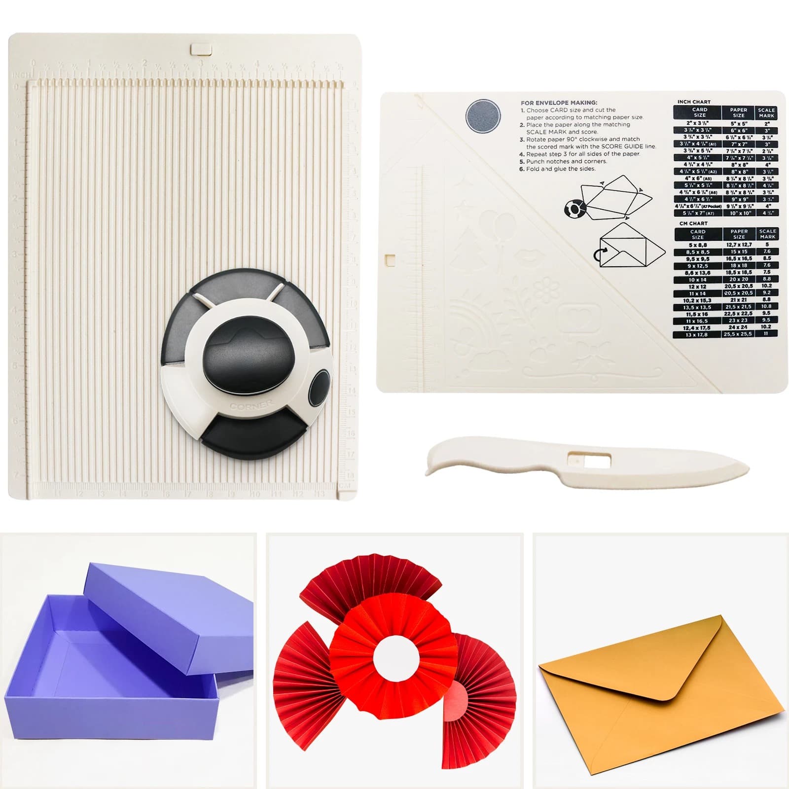 Planche de rainage blanche graduée avec sa perforatrice de coins, un panneau guide couvert de tableaux de correspondance, un stylet plat, et trois réalisations : une boîte violette, des rosaces rouges et une enveloppe dorée.