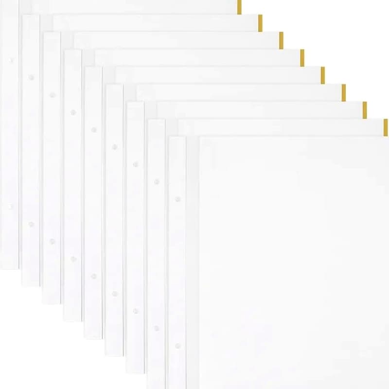Dix feuilles de recharge transparentes pour album, présentées en éventail sur fond clair.