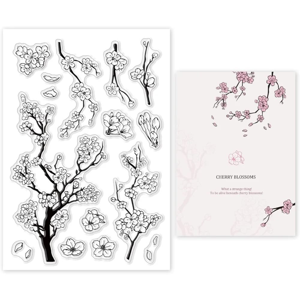 Planche de tampons transparents à motifs de branches de cerisier en fleurs, à côté d'une carte imprimée en rose pâle avec des rameaux fleuris et des pétales.