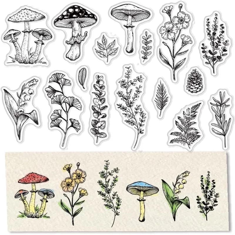 Planche de tampons transparents avec des champignons et des branchages dessinés au trait, au-dessus d'une bande de papier où six de ces motifs sont imprimés puis coloriés à l'aquarelle.