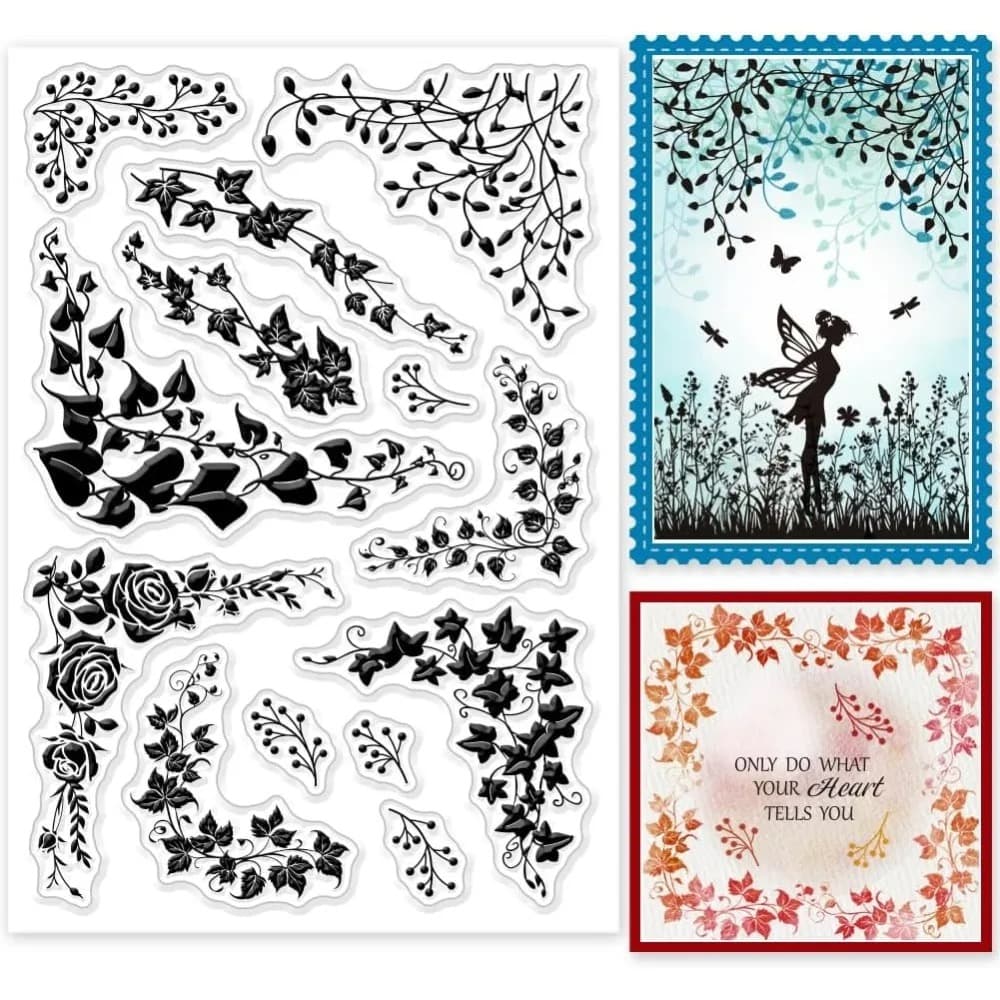 Planche de tampons transparents à motifs d'angles en silhouette noire, feuillages, lierre et roses, avec deux cartes imprimées, l'une bleue avec une silhouette ailée, l'autre encadrée de feuilles orangées.
