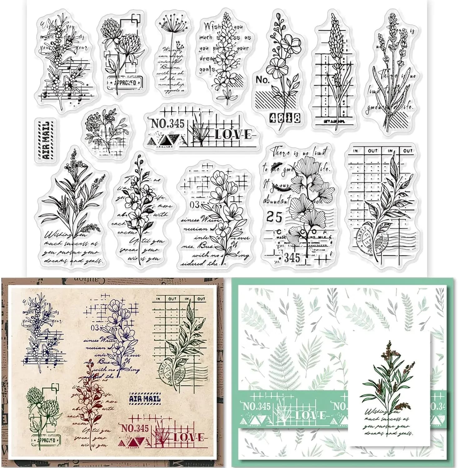 Planche de tampons transparents à motifs botaniques dessinés au trait, présentée à côté de deux cartes tamponnées.