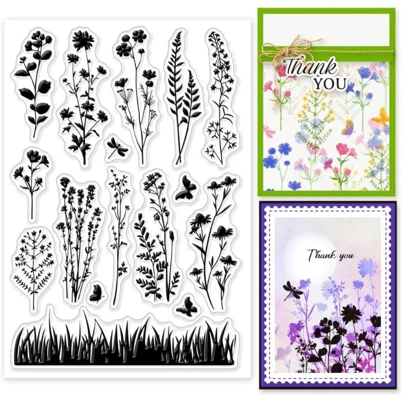 Planche de tampons transparents avec des silhouettes noires de fleurs sauvages et une bordure d'herbes, présentée avec deux cartes de remerciement, l'une fleurie multicolore, l'autre violette.